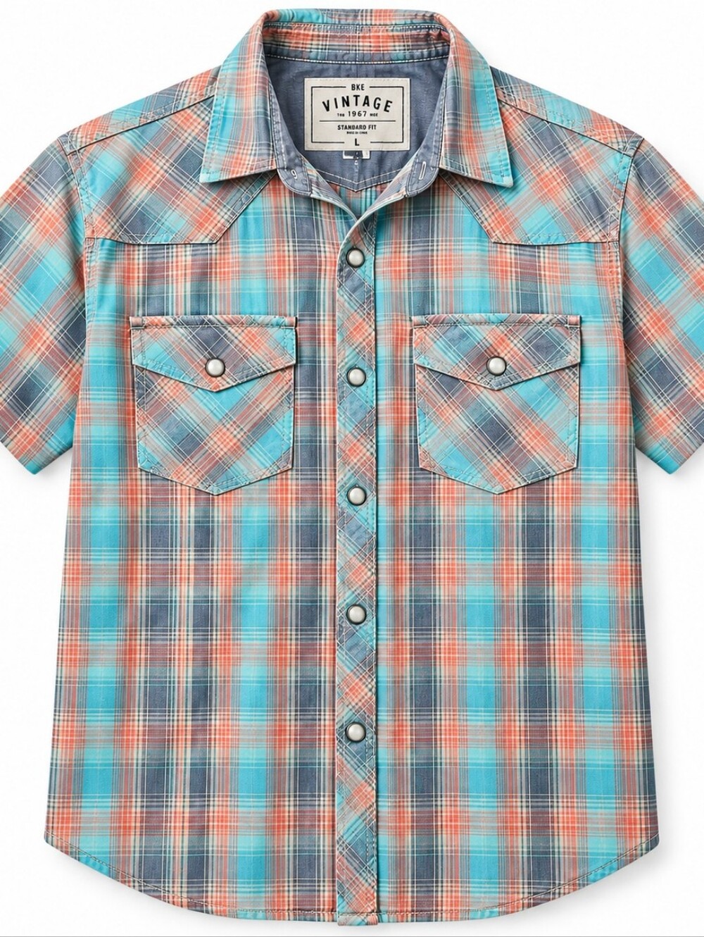 BKE Vintage Men’s L Plaid Western Pearl Snap Shirt Teal Coral Short Sleeve